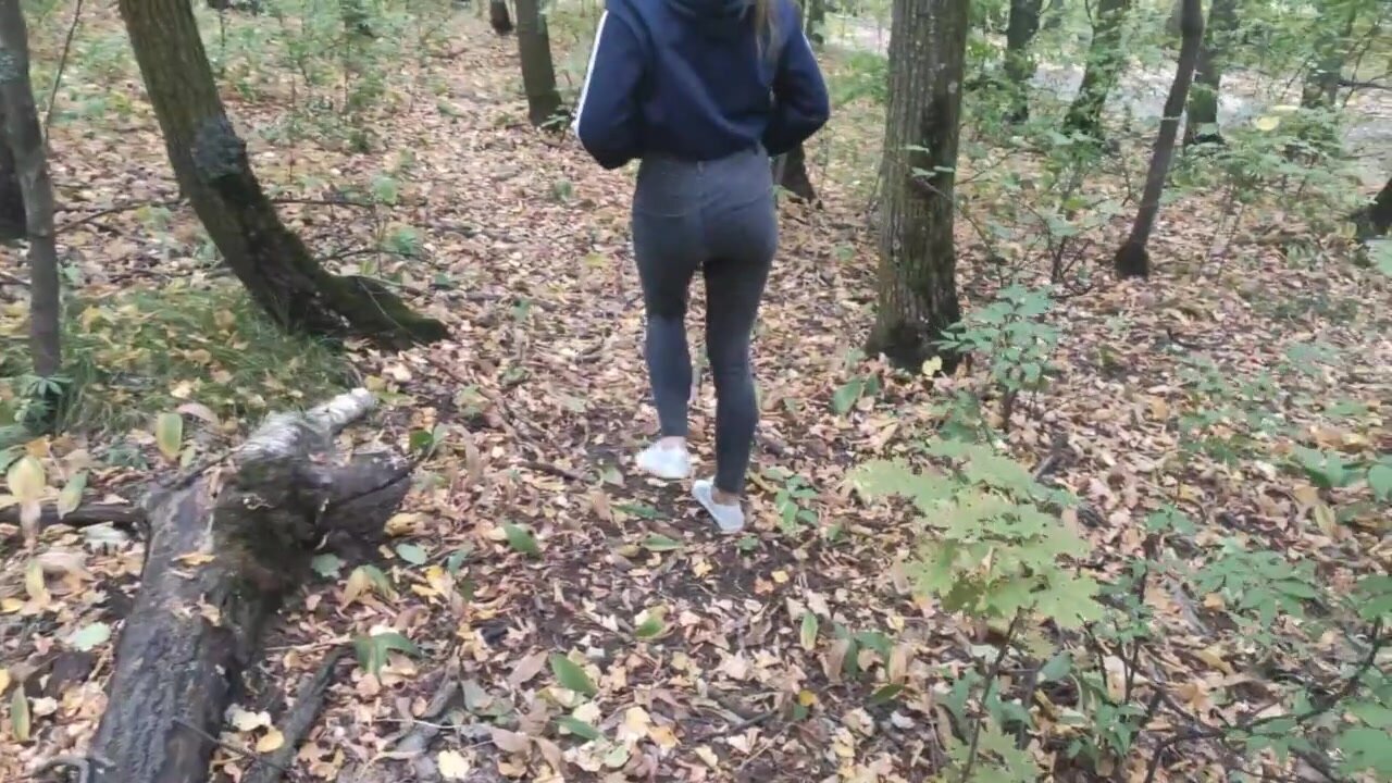 Amateur stel maakt seks in het bos in een prachtige herfst afbeelding